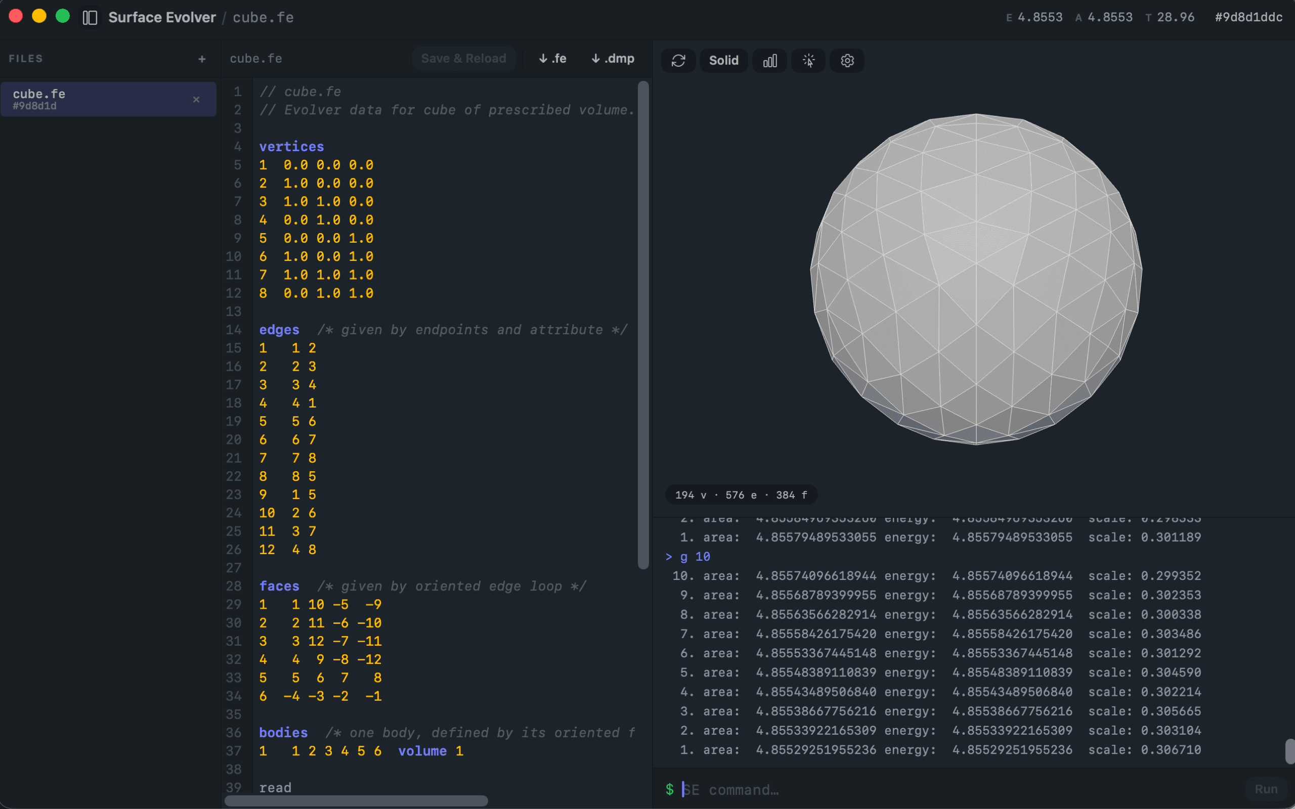 Surface Evolver desktop app in dark mode: .fe datafile editor, CLI with evolution output, and a cube evolved into a sphere in the 3D viewer