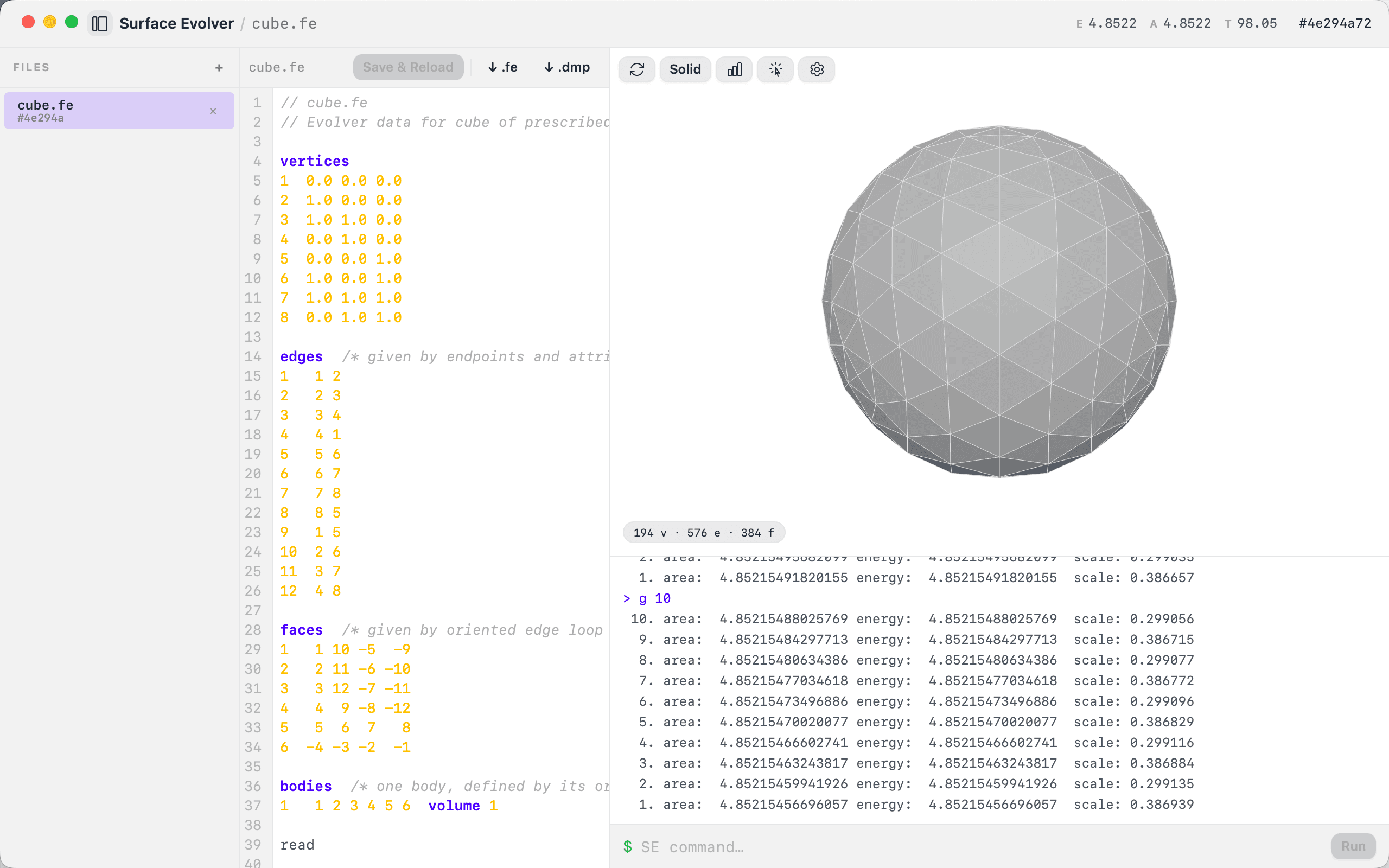 Surface Evolver desktop app: .fe datafile editor, CLI with evolution output, and a cube evolved into a sphere in the 3D viewer